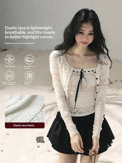 "Summer Shimmer Reverie" Creamy Oat White Lace Cutout Cardigan & Camisole Set 5864536513