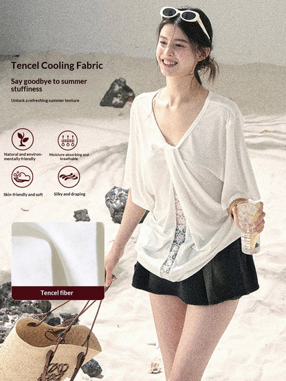 "Undisturbed Mist" Cloud White Lace Cutout V-Neck T-Shirt 45638453