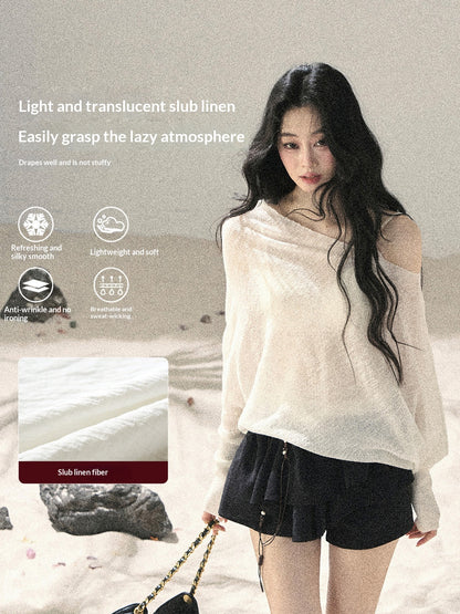 "Misty Veil Whisper" Holland Cheese Off-Shoulder Sheer Sun Protection Top 5345634