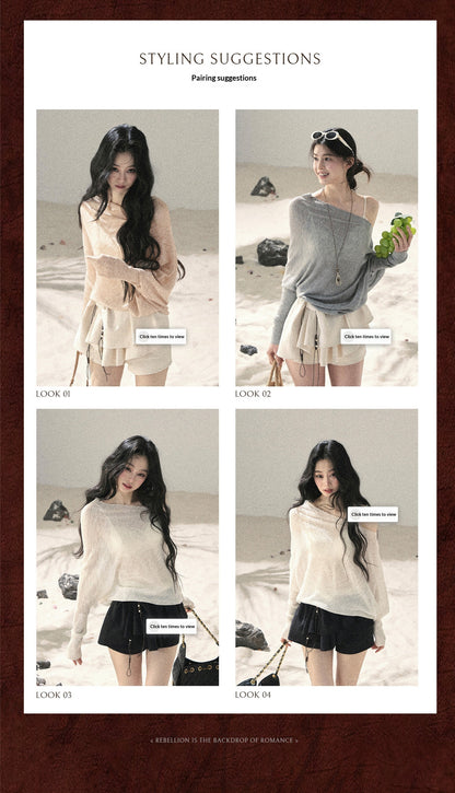 "Misty Veil Whisper" Blush Nude Pink Off-Shoulder Sheer Sun Protection Top 5345634