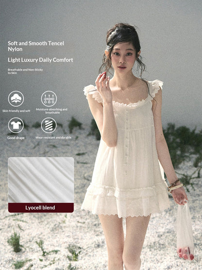 "Shimmer Along the Hem" Cloud White Lace Flutter Sleeve Babydoll Mini Dress 53413