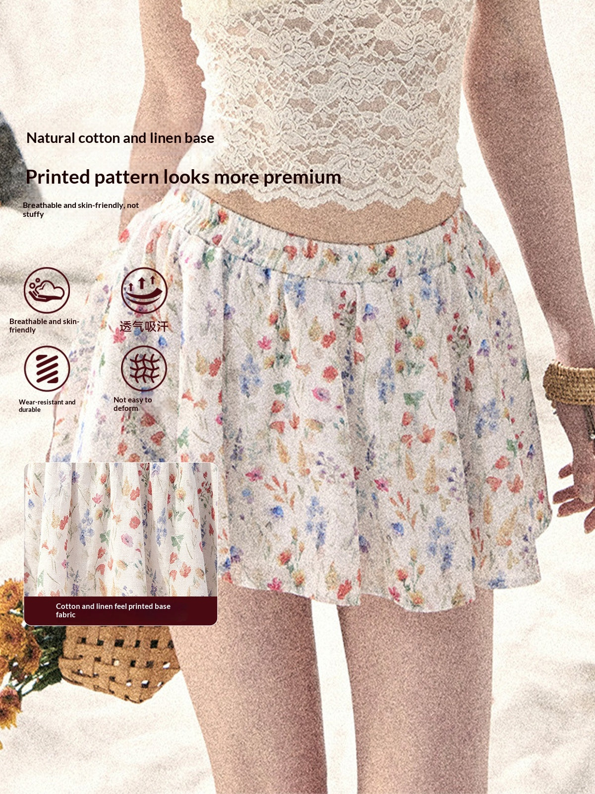 "Blooming Floral Reverie" Cream Ivory Floral A-Line Mini Skirt