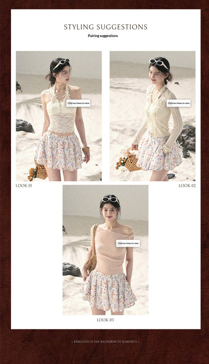 "Blooming Floral Reverie" Cream Ivory Floral A-Line Mini Skirt