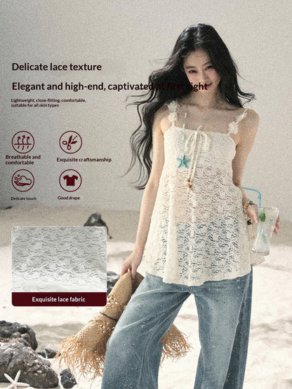 "Morning Mist" Frost White Lace Sheer Cami Top 65123