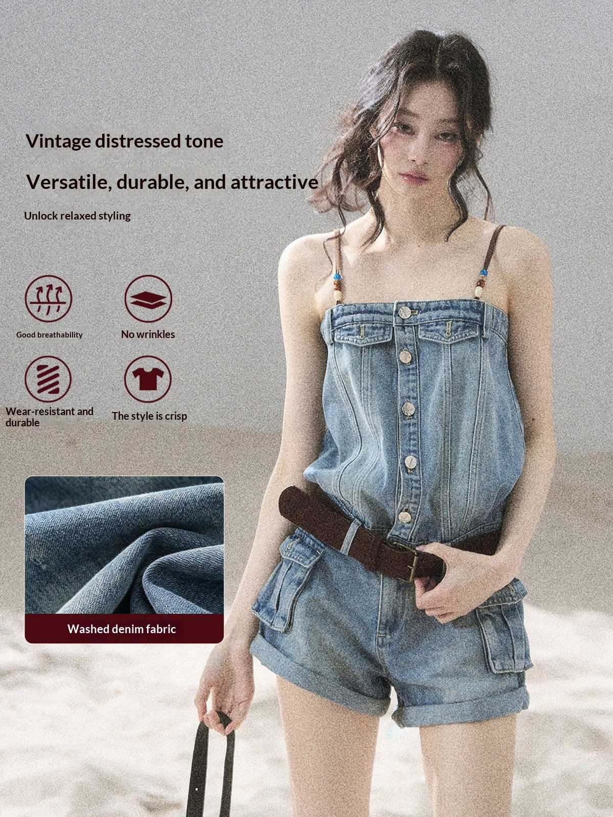"A Walk by the Sea" Collegiate Blue Denim Utility Romper (With Belt)