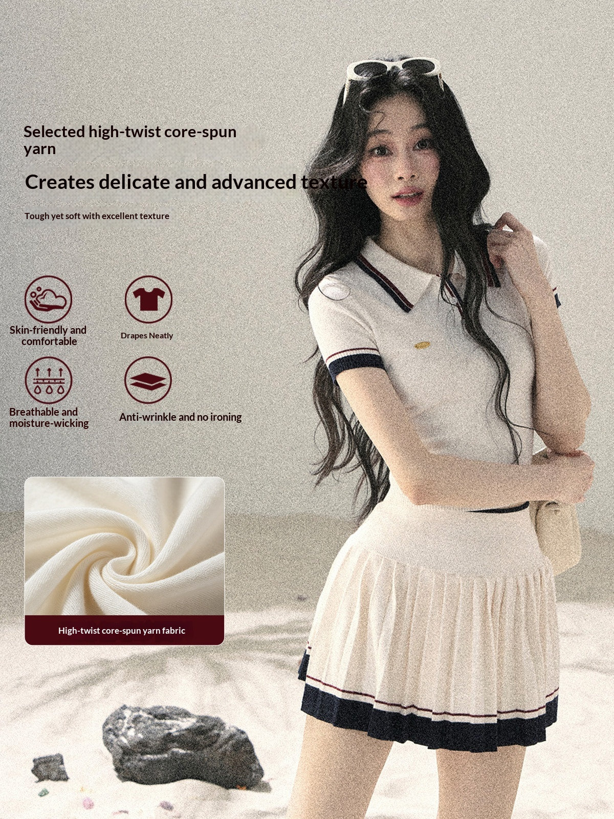 "Moonlight in Pieces" Cloud White Ribbed Knit Top & Pleated Mini Skirt Two-Piece Set