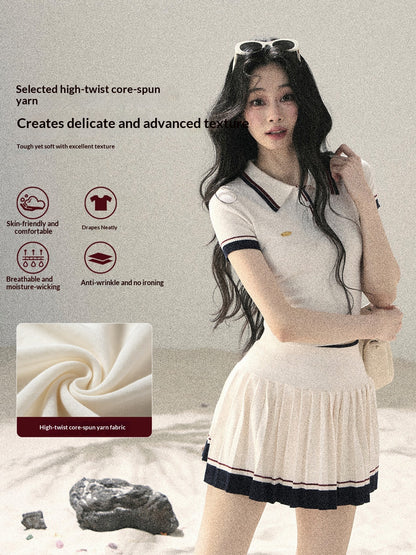 "Moonlight in Pieces" Cloud White Ribbed Knit Top & Pleated Mini Skirt Two-Piece Set