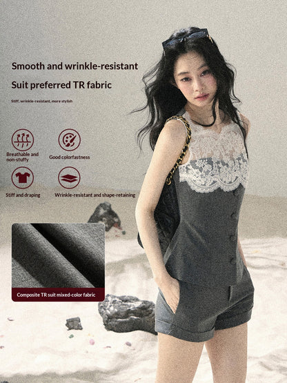 "Blossoms Through the Mist" Moon Mist Gray Lace Top & Tailored Shorts Two-Piece Set