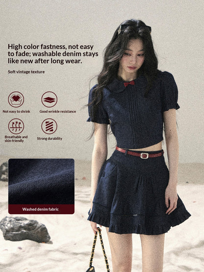 "Seaside Breeze" Navy Blue Denim Pleated Top & Mini Skirt Two-Piece Set