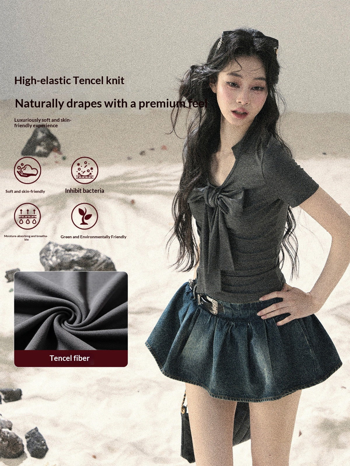 "Breeze Through the Bow" Slate Gray V-Neck Crop Top