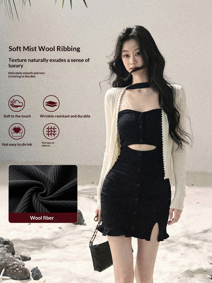 "Between Light and Shadow" Midnight Black Halter Knit Bodycon Mini Dress