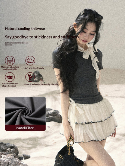 "Shadows & Soft Clouds" Slate Gray Bow Accent Crop Top