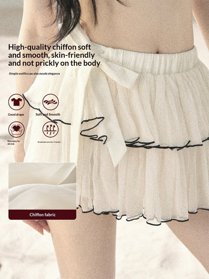 "Flowing Tulle" Cream Apricot Mesh Chiffon Layered Mini Skirt