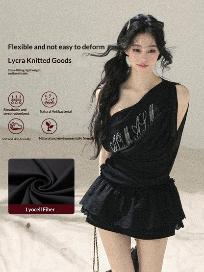 "Scattered Starlight" Midnight Black Off-Shoulder Mesh Waist-Cinched Top