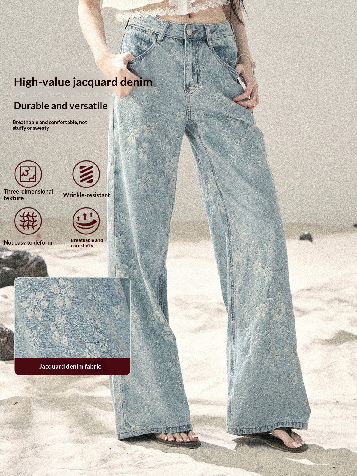 "Twinkling Starlight" Sky Blue Floral Rhinestone Wide-Leg Jeans