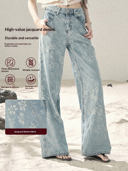 "Twinkling Starlight" Sky Blue Floral Rhinestone Wide-Leg Jeans