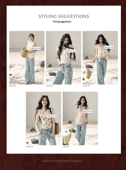 "Twinkling Starlight" Sky Blue Floral Rhinestone Wide-Leg Jeans