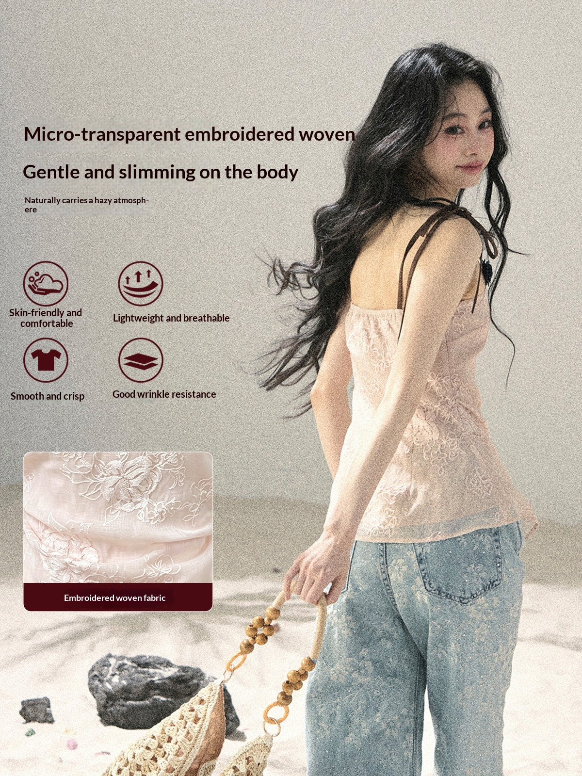 "Begonia in the Evening Breeze" Lotus Pink Embroidered Floral Cami Top