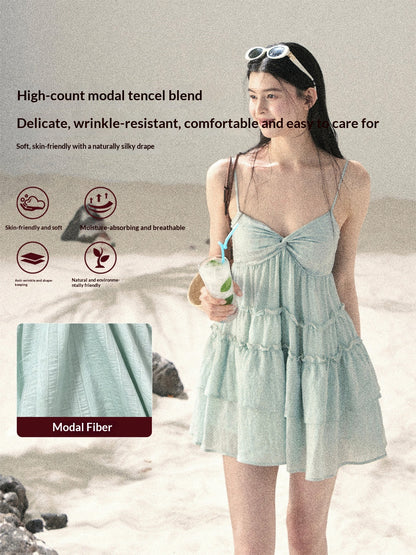 "Mossy Stone Steps" Primrose Green Tiered Cami Mini Dress