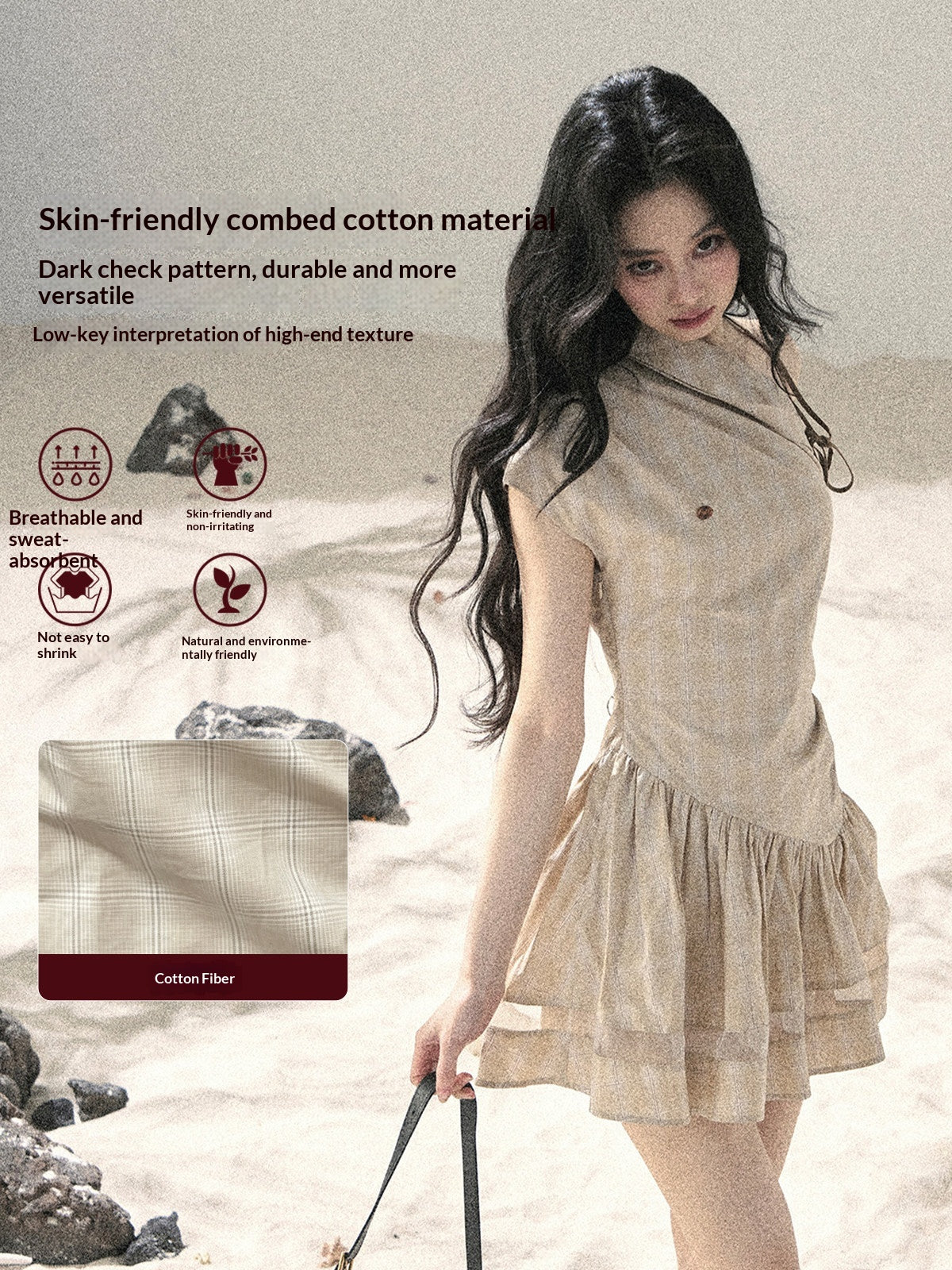 "Traces Left by the Wind" Sand Beige Off-Shoulder Plaid Puff Mini Dress
