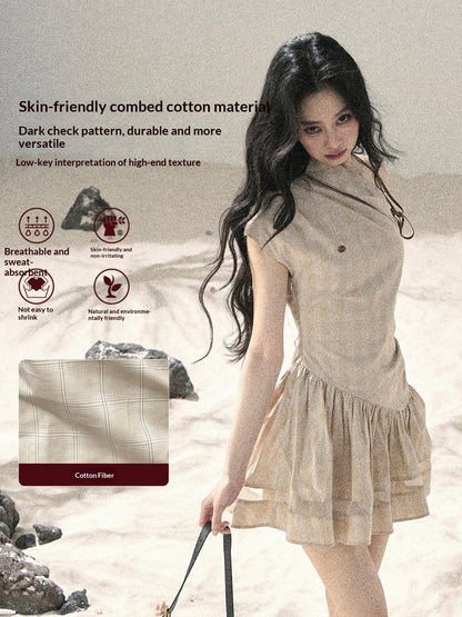 "Traces Left by the Wind" Sand Beige Off-Shoulder Plaid Puff Mini Dress