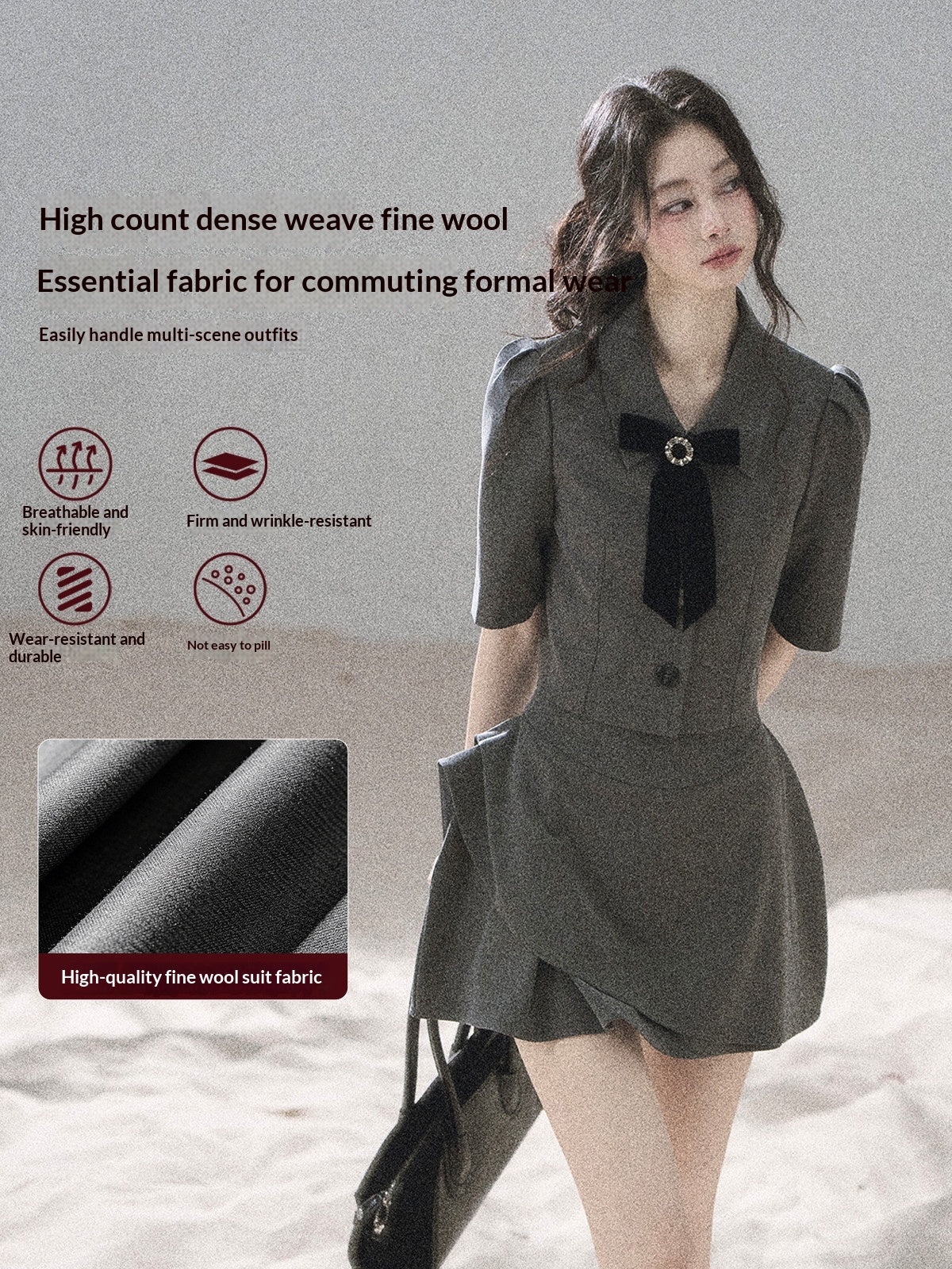 "Paris Afternoon" Slate Gray Bow Top & A-Line Mini Skirt Two-Piece Set