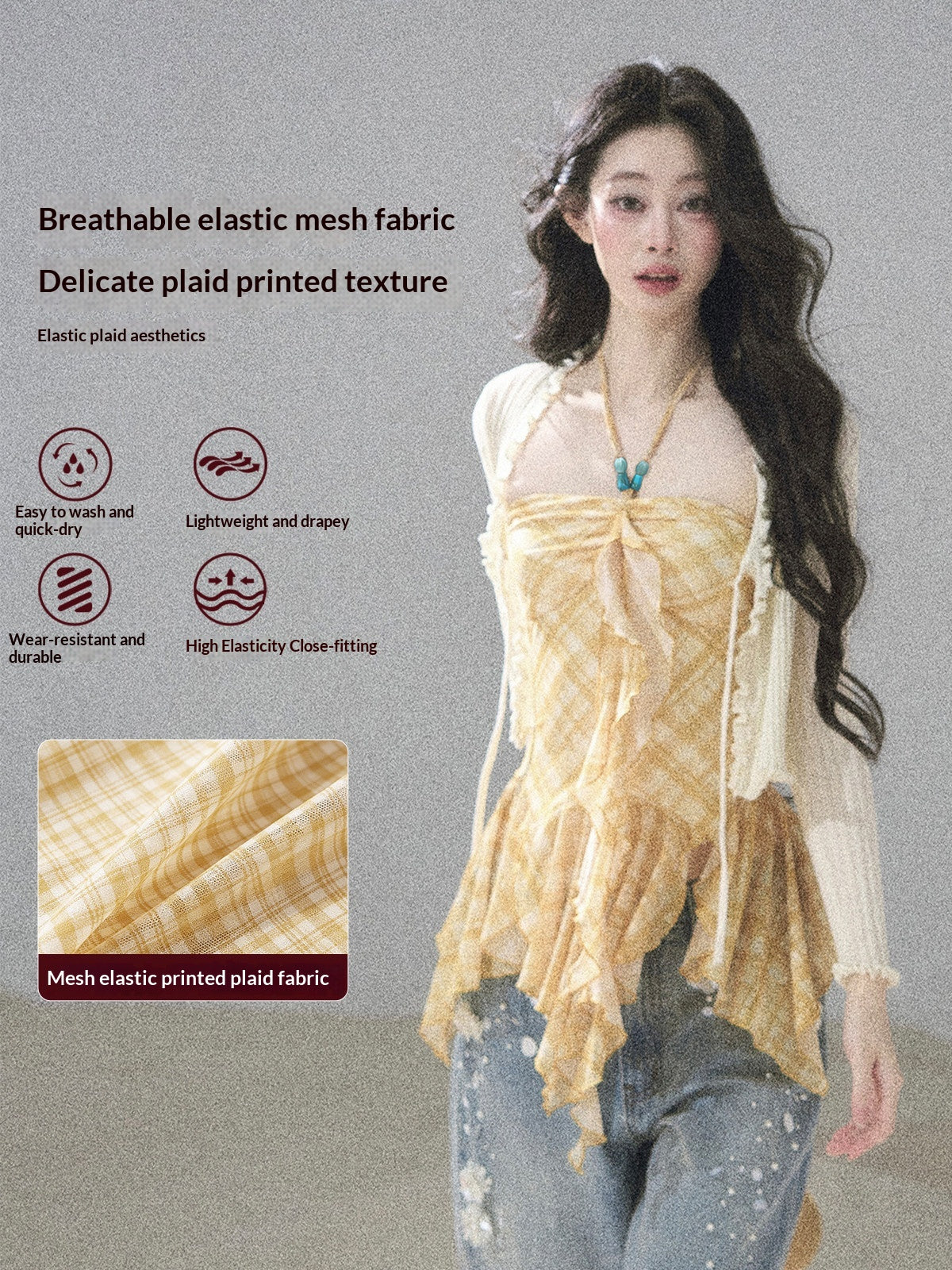 "Fields of Provence" Goose Yellow Halter Plaid Waist-Cinched Top