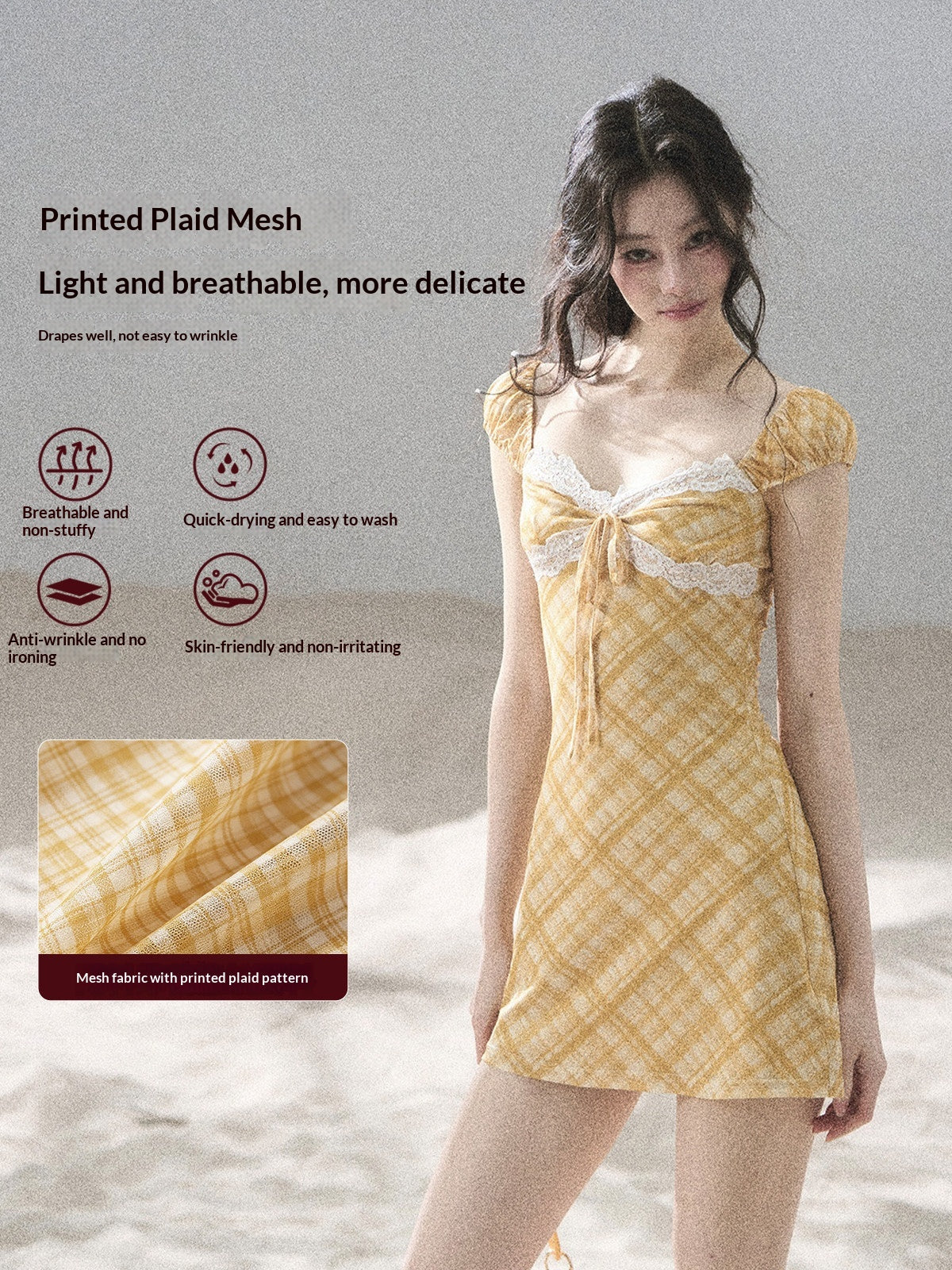 "Golden Wheat Whisper" Goose Yellow Lace Diamond Mini Dress