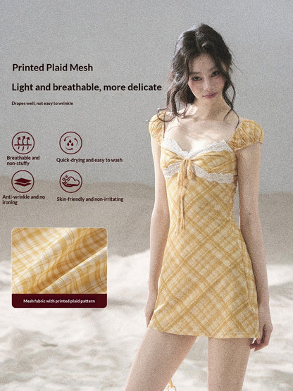 "Golden Wheat Whisper" Goose Yellow Lace Diamond Mini Dress