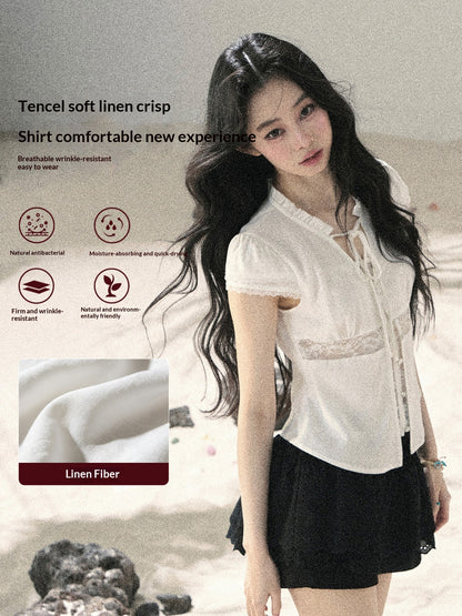 "Lace Between the Lines" Frost White Faux-Layer Cropped Shirt