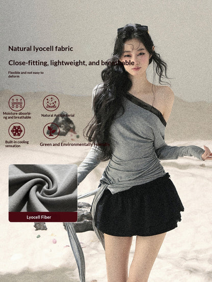 "Free Spirit" Moon Mist Gray Faux-Layer One-Shoulder Lace Top