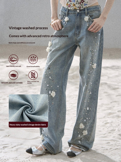 "Starlit Grace" Mist Blue Handmade Floral Wide-Leg Jeans