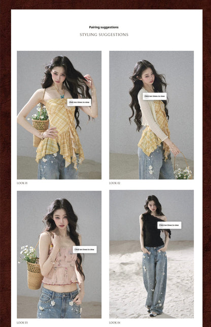 "Starlit Grace" Mist Blue Handmade Floral Wide-Leg Jeans