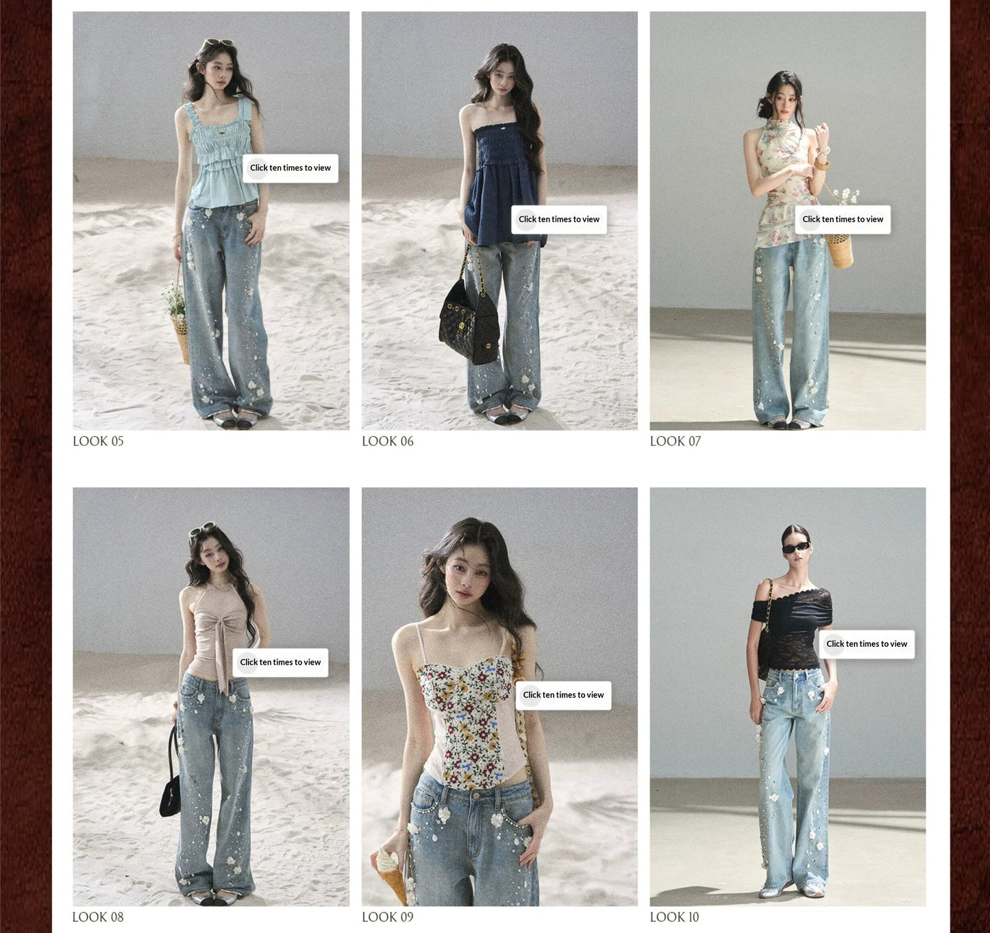 "Starlit Grace" Mist Blue Handmade Floral Wide-Leg Jeans
