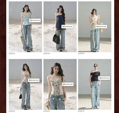 "Starlit Grace" Mist Blue Handmade Floral Wide-Leg Jeans