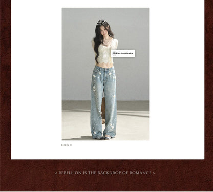 "Starlit Grace" Mist Blue Handmade Floral Wide-Leg Jeans