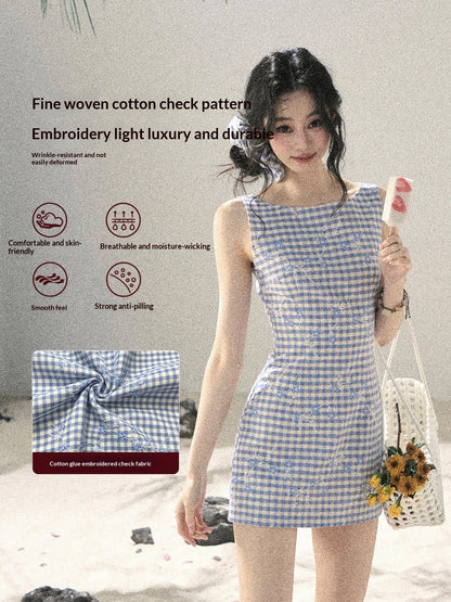 "Sea Breeze Reverie" Sky Blue Embroidered Plaid Mini Dress (With Matching Scrunchie)