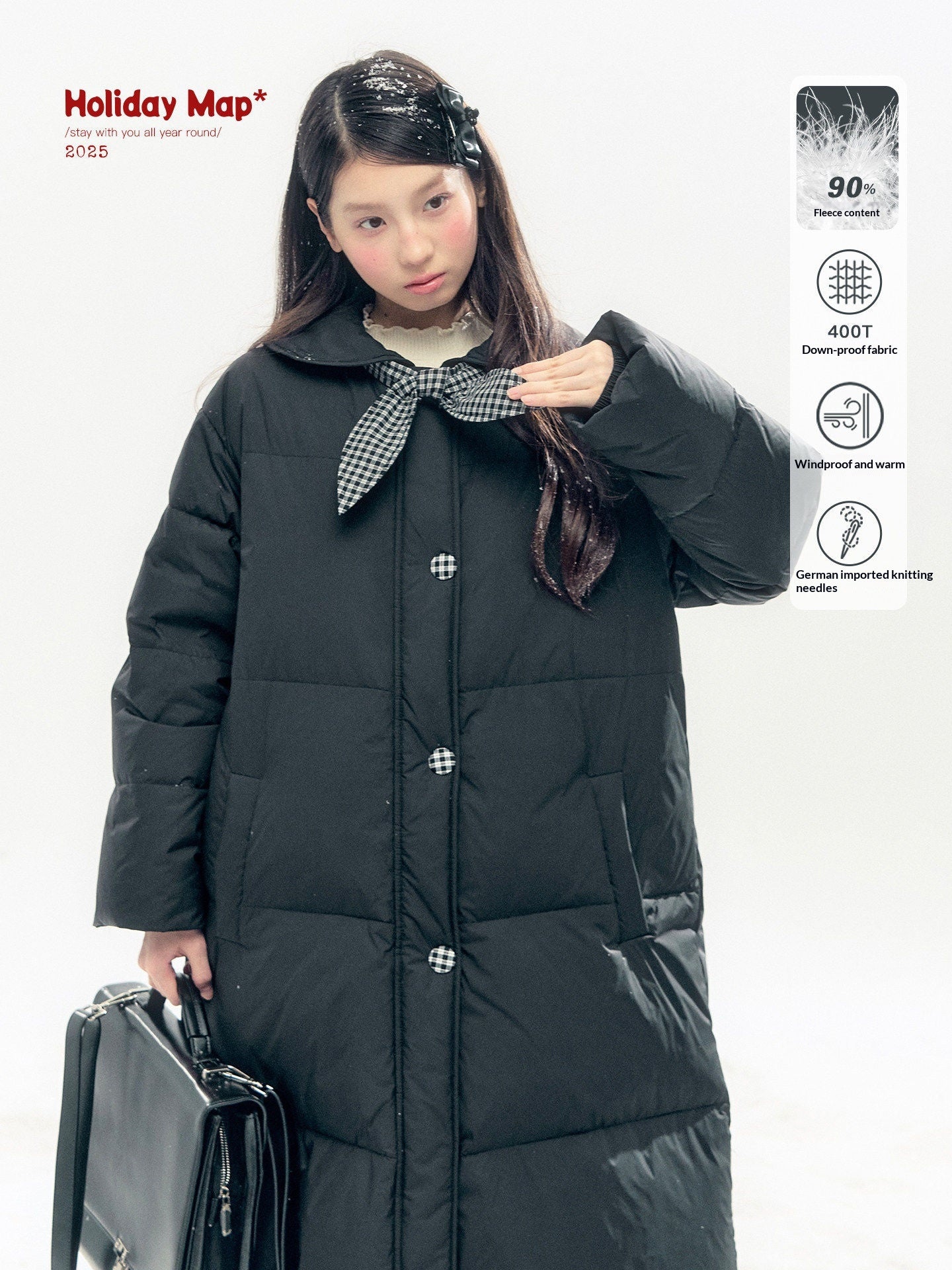 "Starry Night Little Witch" Black Long Down Coat with Detachable Bunny Bow Collar