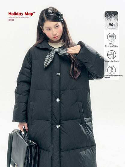 "Starry Night Little Witch" Black Long Down Coat with Detachable Bunny Bow Collar