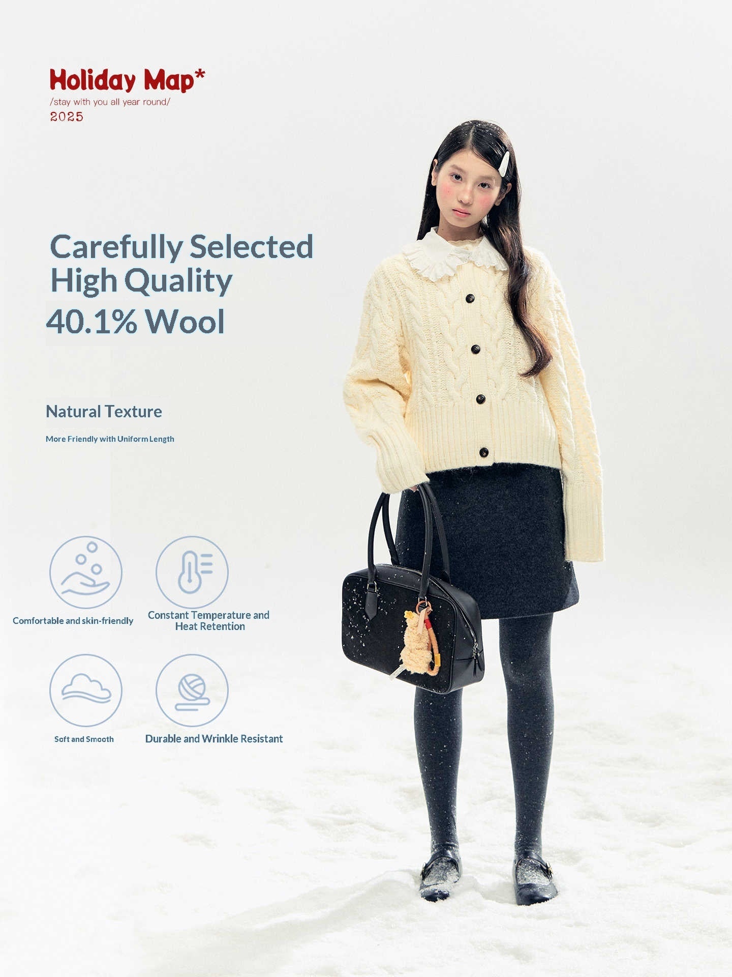 "Cotton Mousse" Cable Knit Cardigan with Detachable Ruffle Collar (Cotton Blue/ Soft White)