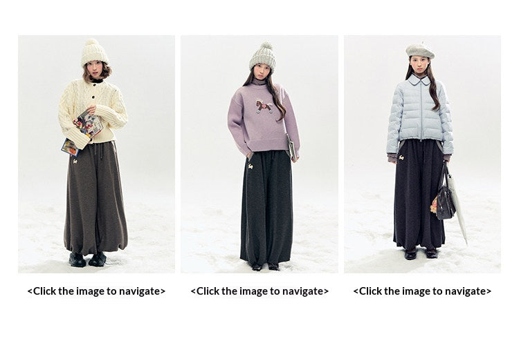 "Bunny Tea Party" Fleece-Lined Balloon Wide-Leg Pants (Hazelnut Brown/ Midnight Gray)