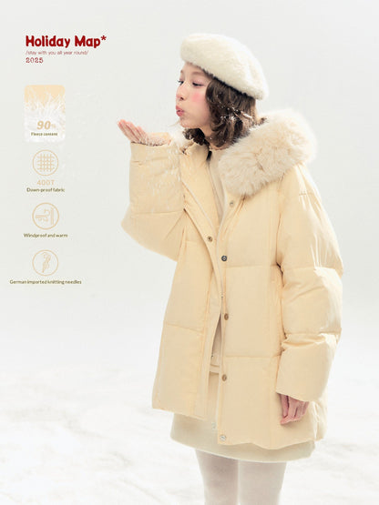 "Butter Soufflé" Vanilla Butter Hooded Mid-Length Down Coat with Faux Fox Fur Trim