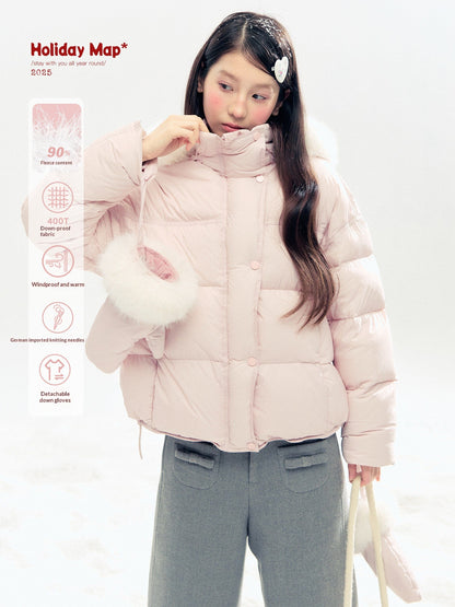 "Snowland Sprite" Peach Blush Lilac Hooded Down Jacket with Detachable Faux Fur Trim & Gloves