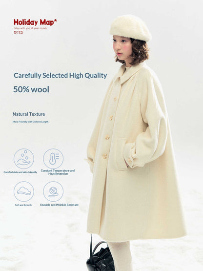 "Black & White Waltz" Hand-Stitched Wool-Blend Swing Coat (Ivory/ Black)
