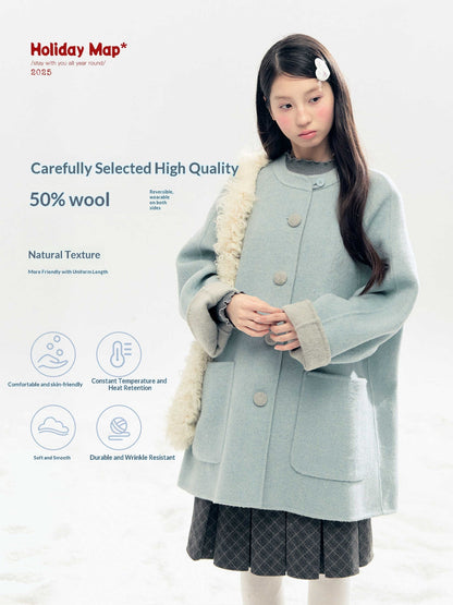 "Double Winter Embrace" Blue & Gray Reversible Wool-Blend Cape Coat