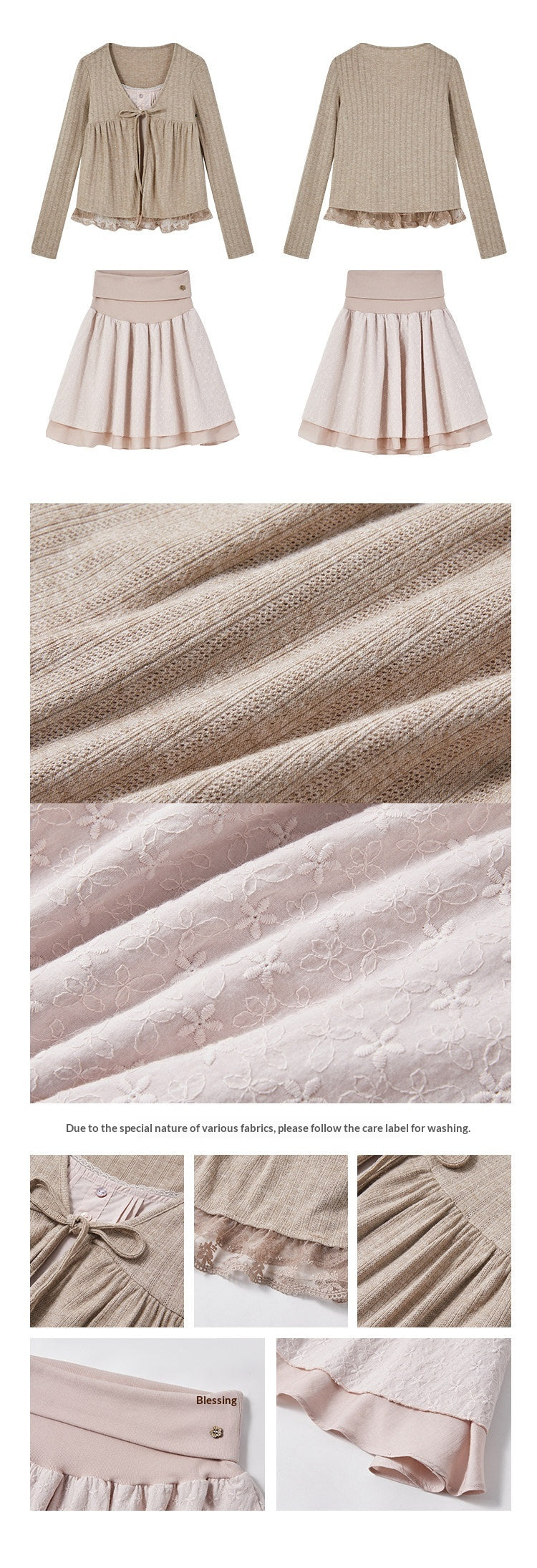 "Roasted Tea Heart" Milk Tea Faux-Layer Lace Cardigan & Skirt Set