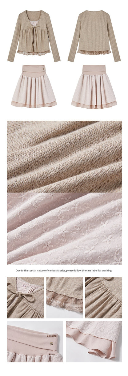 "Roasted Tea Heart" Milk Tea Faux-Layer Lace Cardigan & Skirt Set