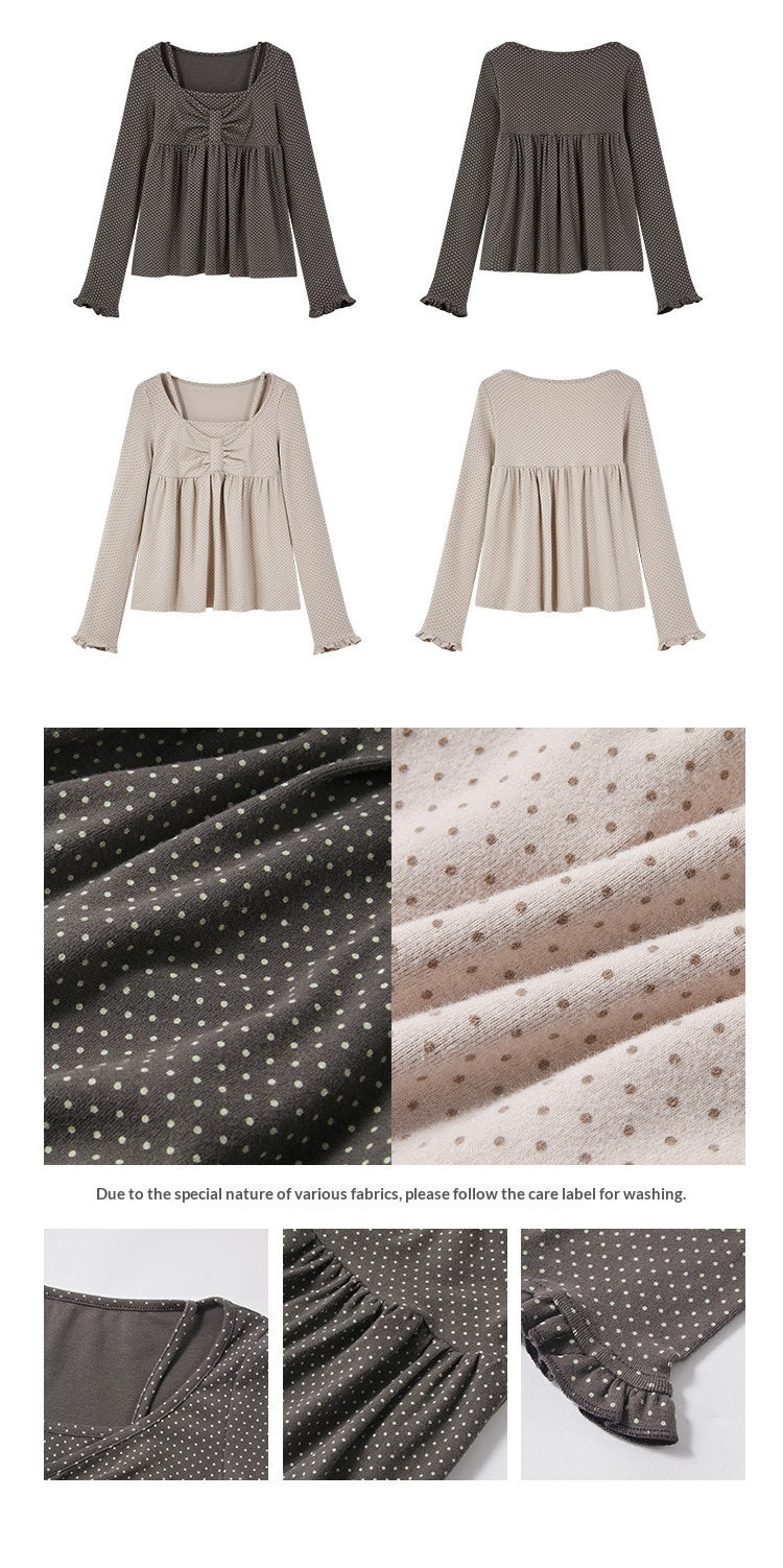 "Sweet Favorite" Polka Dot Faux-Layer Bow Knit Top (Gray Brown/ Blush Pink)