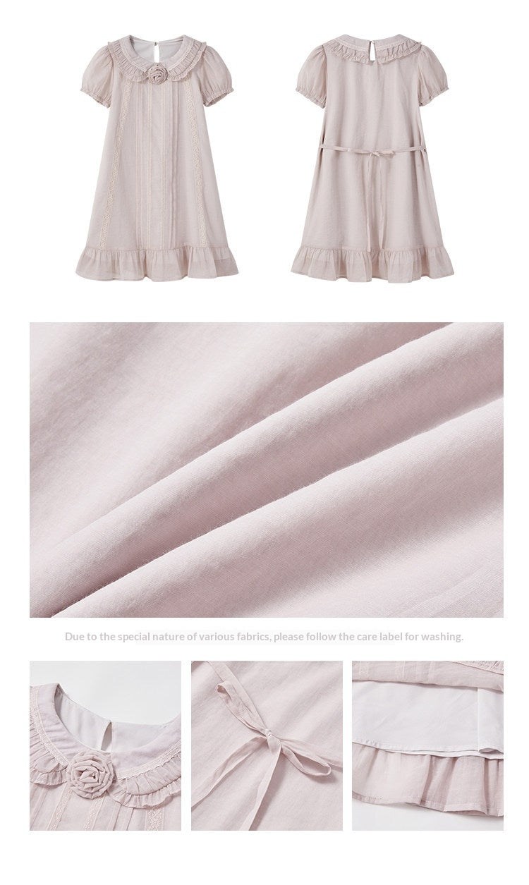 "Misty Wild Rose" Detachable Rose Lace Trim Puff Sleeve Midi Dress
