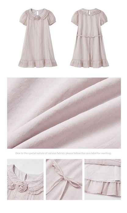 "Misty Wild Rose" Detachable Rose Lace Trim Puff Sleeve Midi Dress